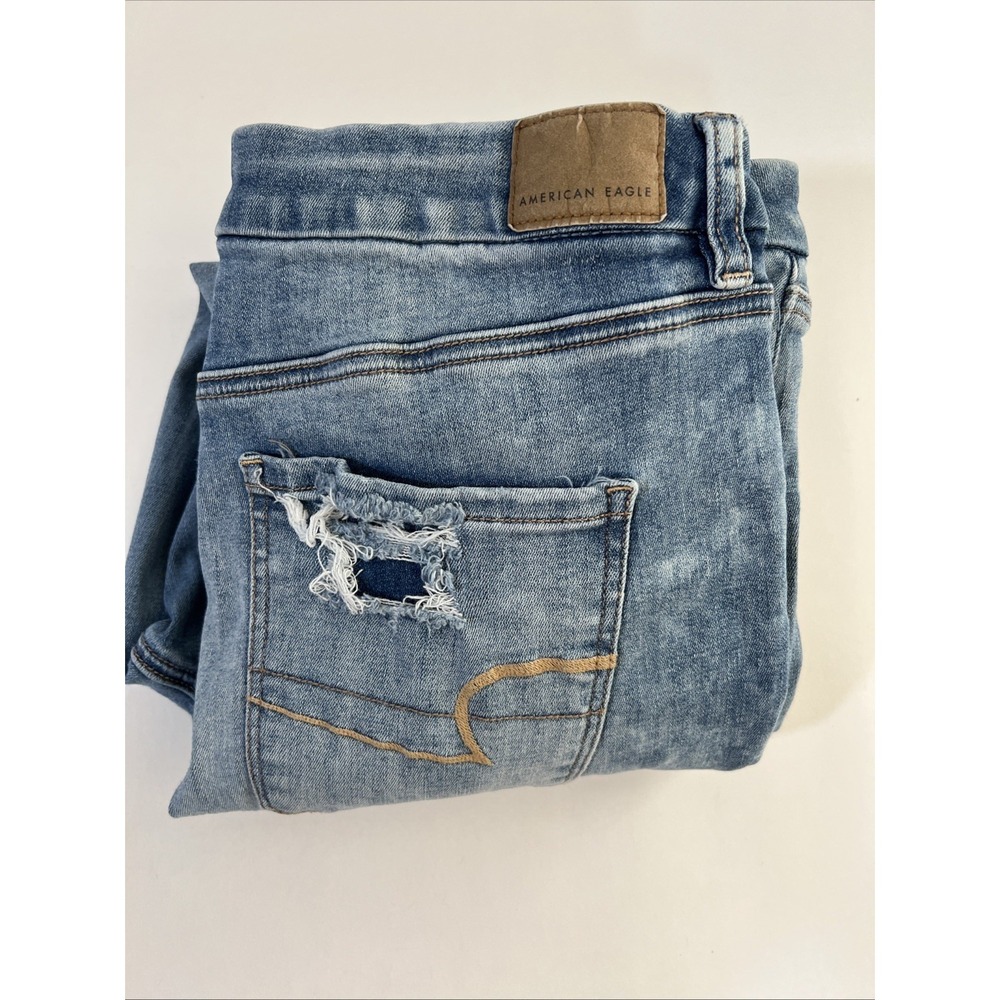 American Eagle Women Size 12 Blue Short Denim Jeans Ripped Next Level Stretch